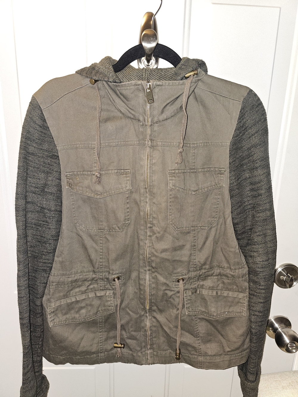Mudd Olive Hooded Field Jacket with Knit Gray Sleeves